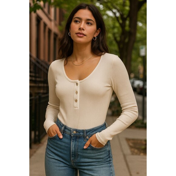 Minimalist Ribbed Henley Bodysuit – Size S – Cream – Long Sleeve – NWT -MANGOPOP - Picture 1 of 6